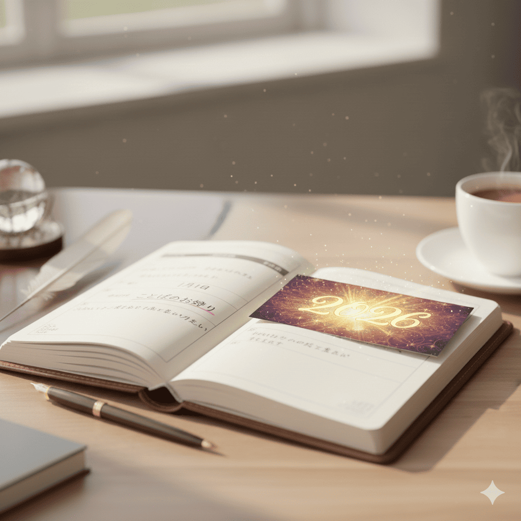 お告げ年賀状を持つ女性