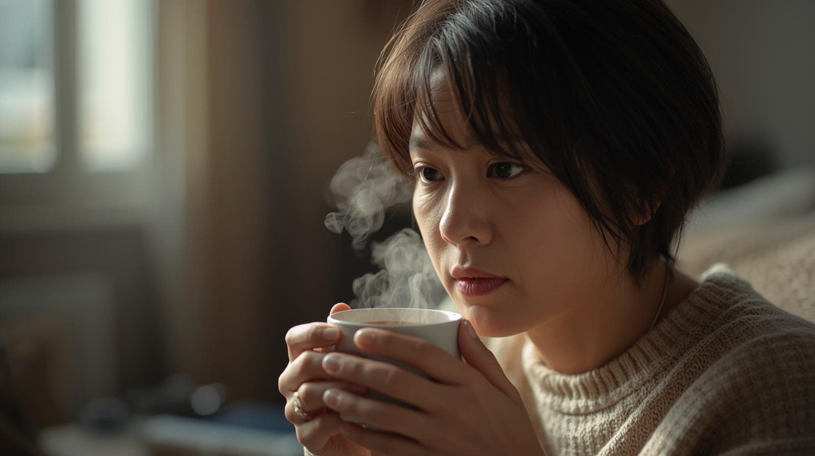 悩みを抱えながらコーヒーを飲む女性